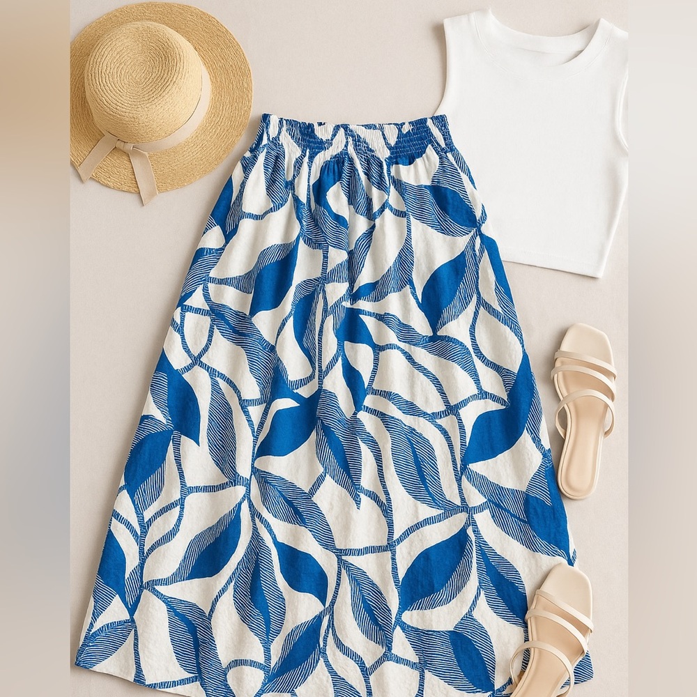Nine West Blue & White Abstract Leaf Print Midi Skirt – Size XL